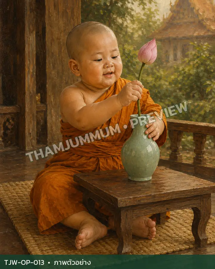 TJW-OP-013 บัวหนึ่งดอกบนโต๊ะไม้